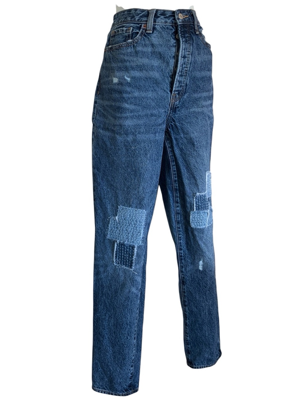 OLD NAVY Denim Jeans, extra high rise, OG straight, sashiko stitch patches 8 EUC